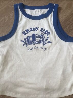 Old Navy White Tank Top with Blue Ringer Trim and 'Enjoy Life' Graphic